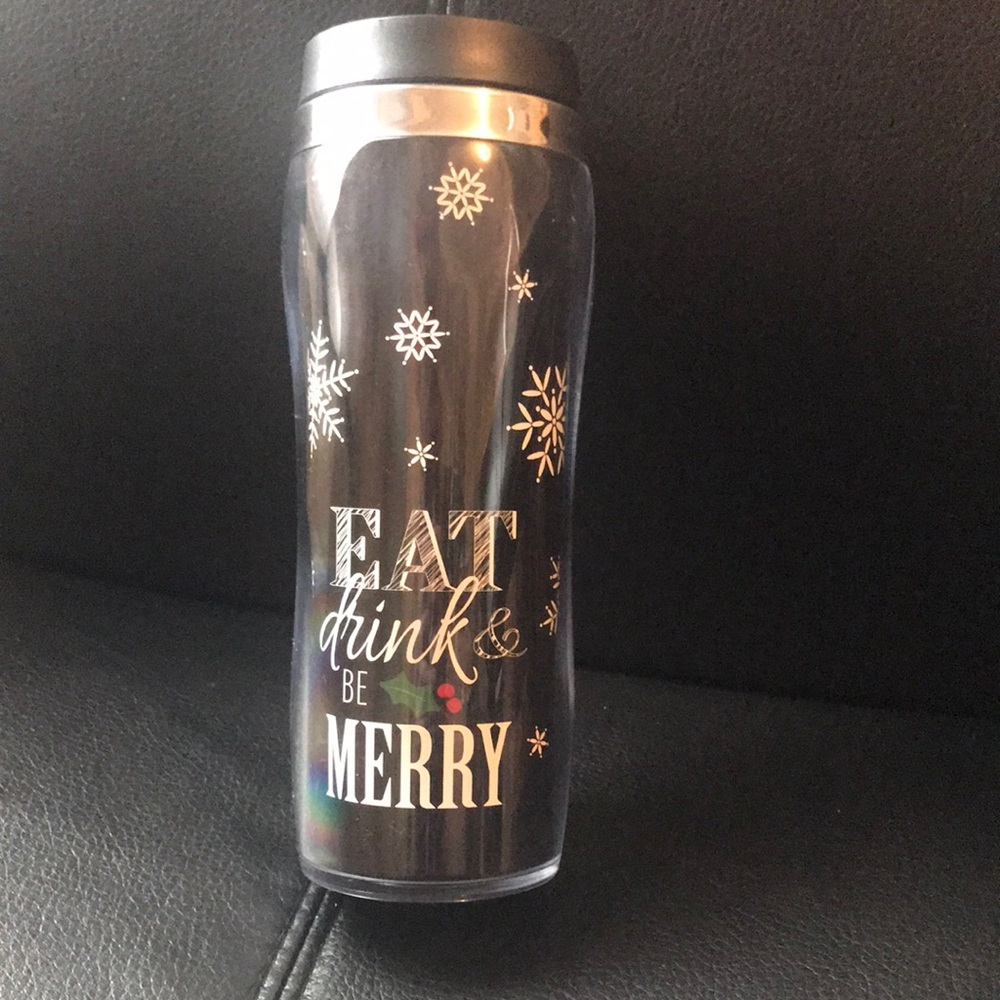 Holiday Black & White Chic Travel mug “eat drink be merry” Snowflakes & Holly